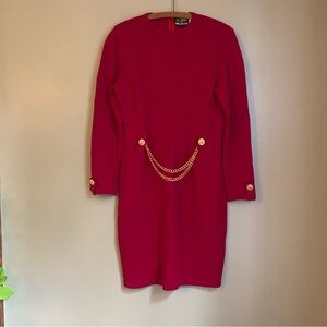 Vintage Don Sayres Wellmore Red Santana Knit Gold Chain Accents Dress 4 Holiday